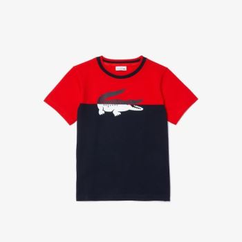 Lacoste Crewneck Croc-Print Cotton T-shirt - Tričko Dětské Červené / Tmavě Blankyt Blankyt | CZ-KjHr